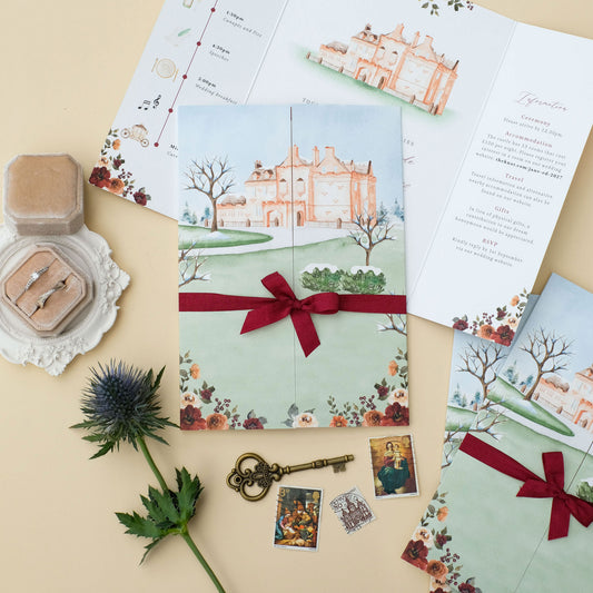 Sorn Castle illustrated wedding invitation with ribbon