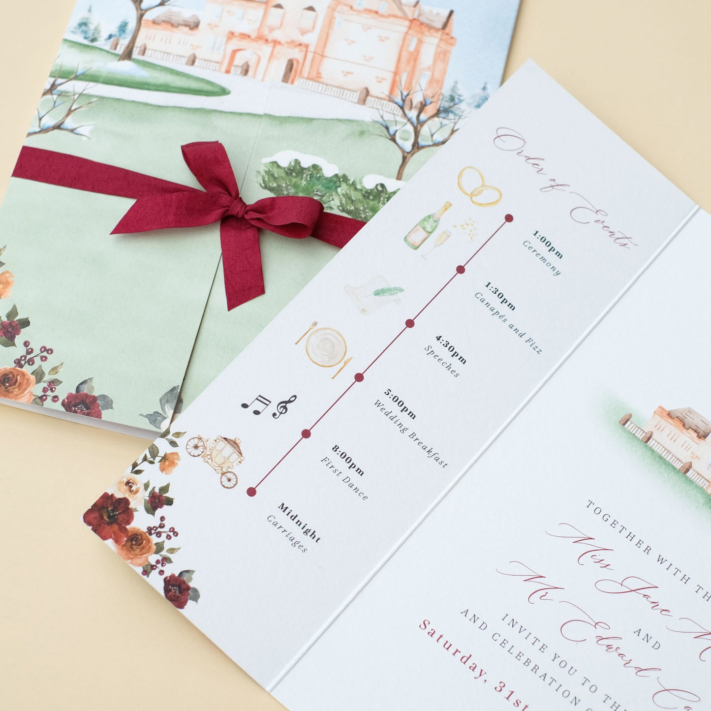 Sorn Castle wedding invitation with order of events with illustrations
