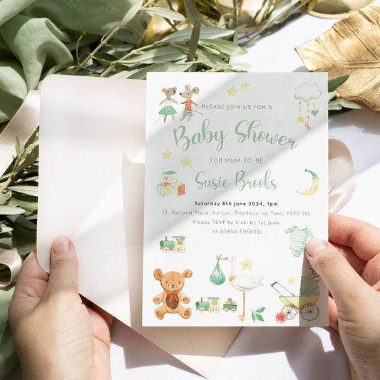 Stork Baby Shower Invitation With Watercolour Pictures