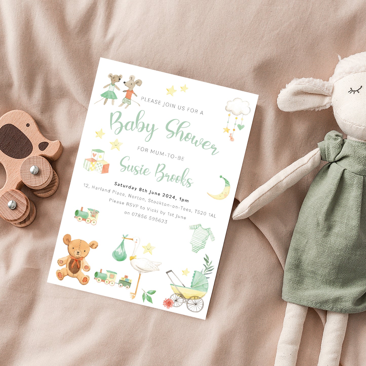 Stork Baby Shower Invitation With Watercolour Pictures