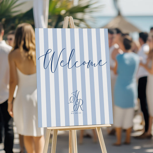 Coastal welcome sign with stripes blue and white