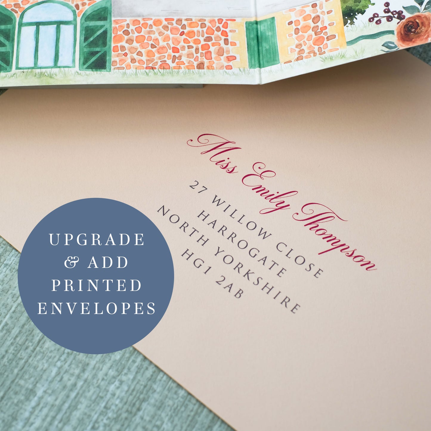 Custom barn wedding invitations with printed envelopes