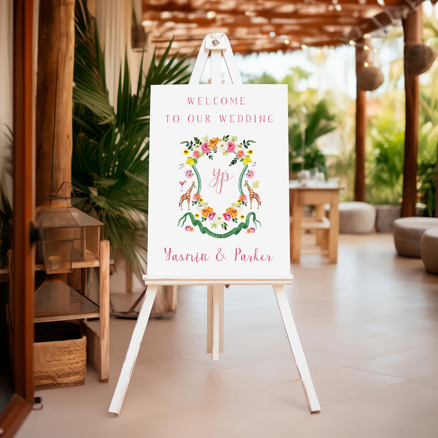 Wedding welcome sign with custom crest