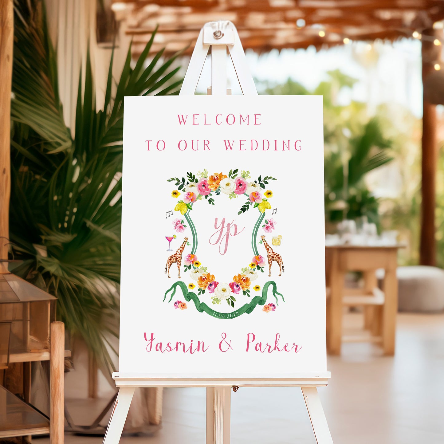 Wedding welcome sign with custom crest