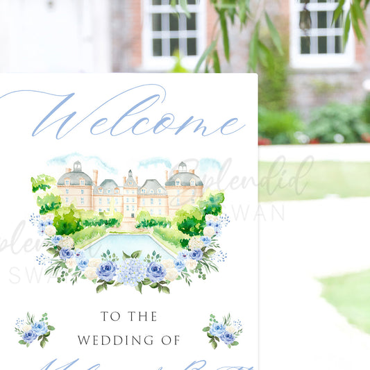Blue Hydrangea Welcome Sign With Venue Illustration