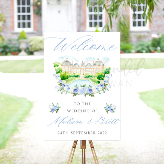 Blue Hydrangea Welcome Sign With Venue Illustration