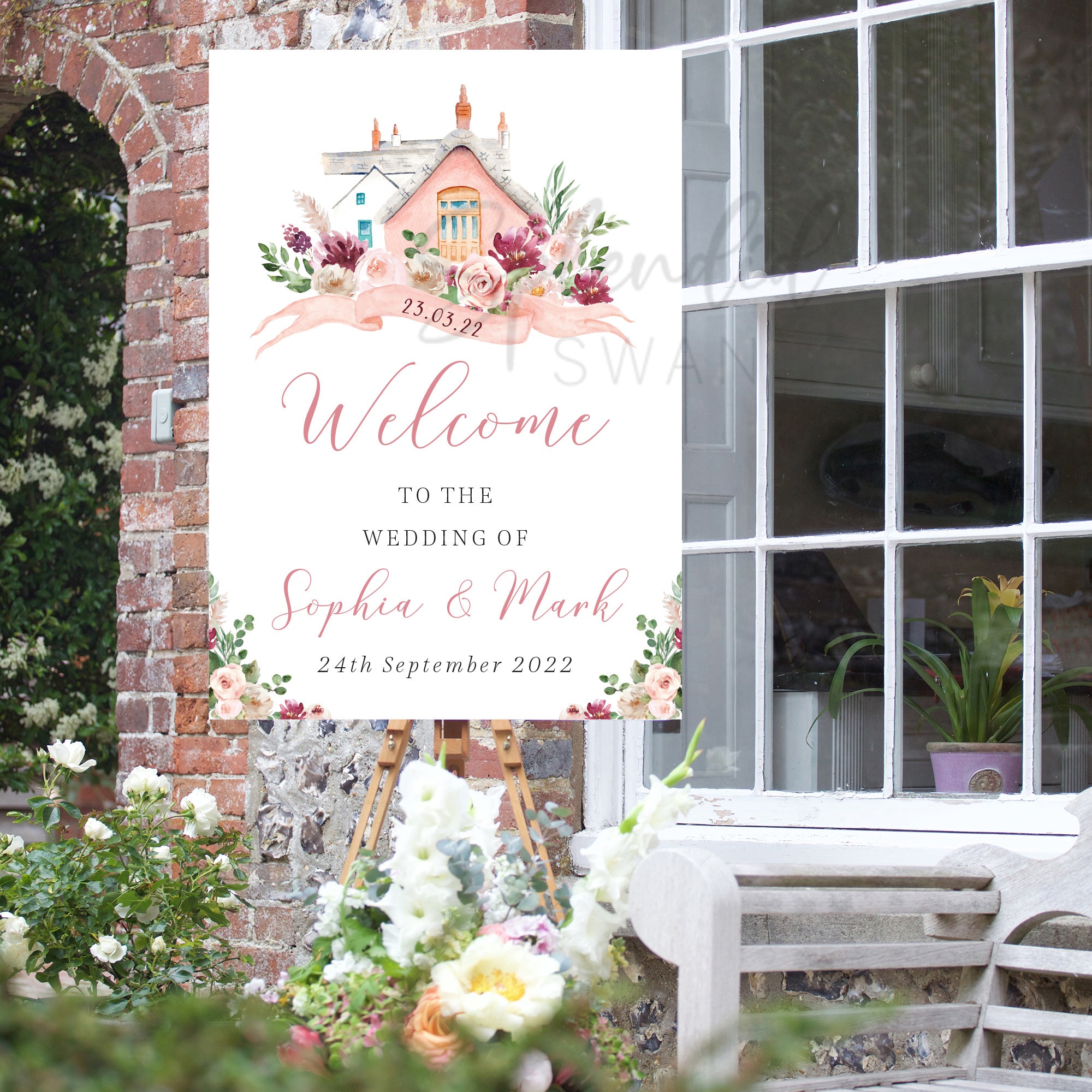 Splendid Sign Blush Pink Welcome Sign with Venue Illustration – Splendid Swan