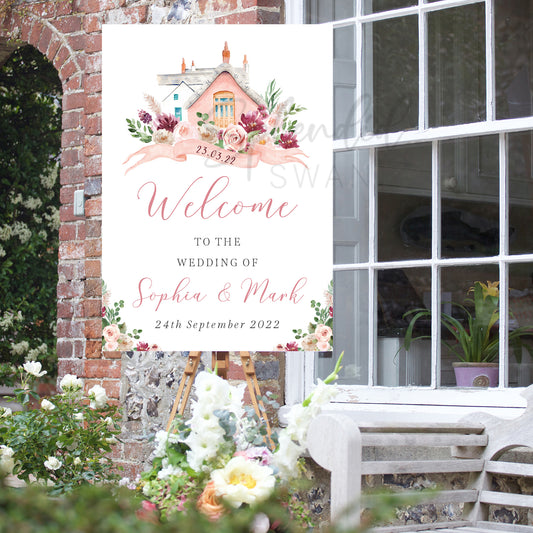 Blush Pink Welcome Sign With Venue Illustration
