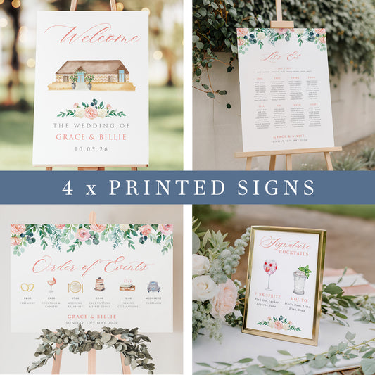 Wedding sign set with welcome sign, table plan, order of events and signature cocktail sign
