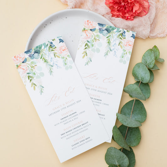 wedding menu with watercolour roses and eucalyptus