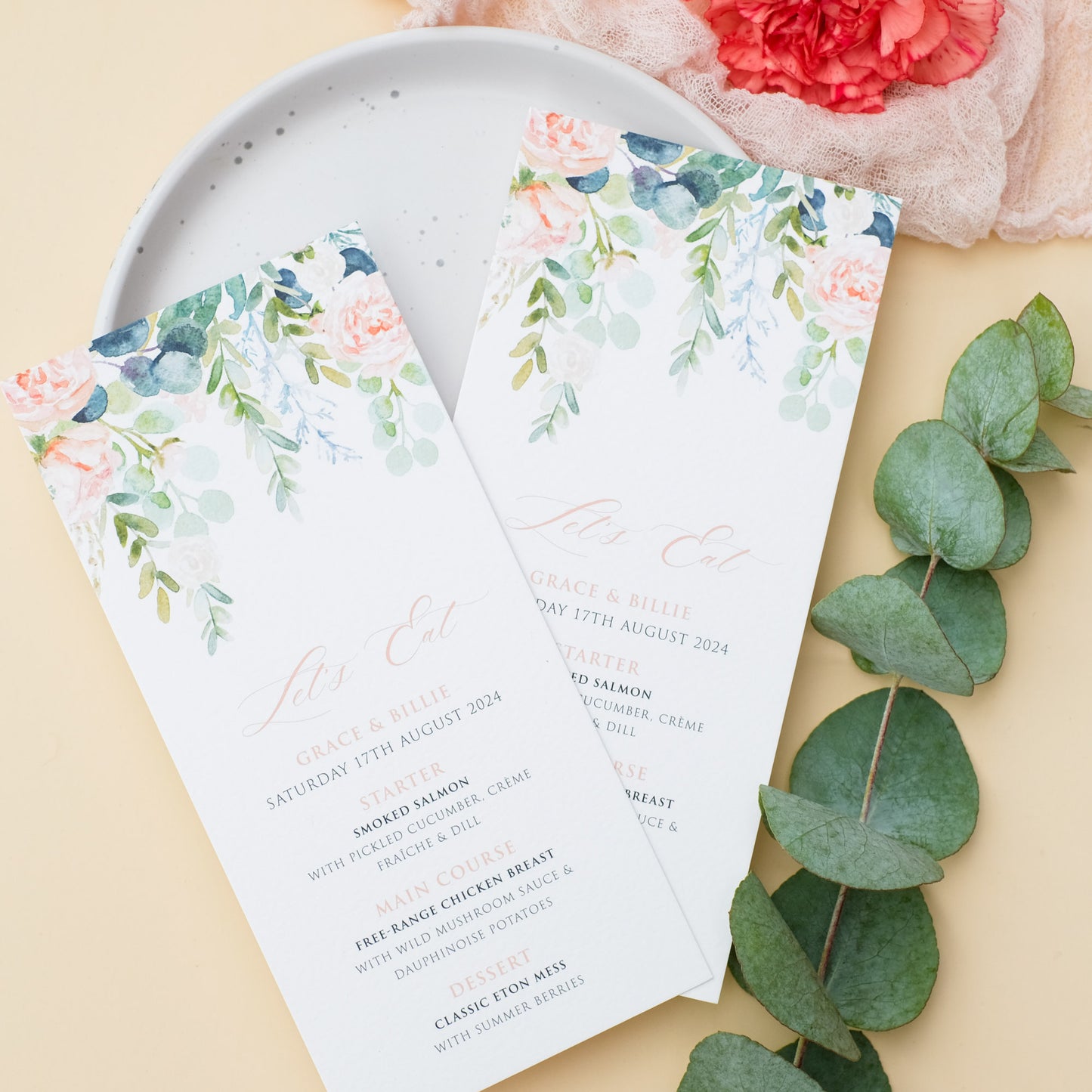 peach roses and sage green eucalyptus wedding menu