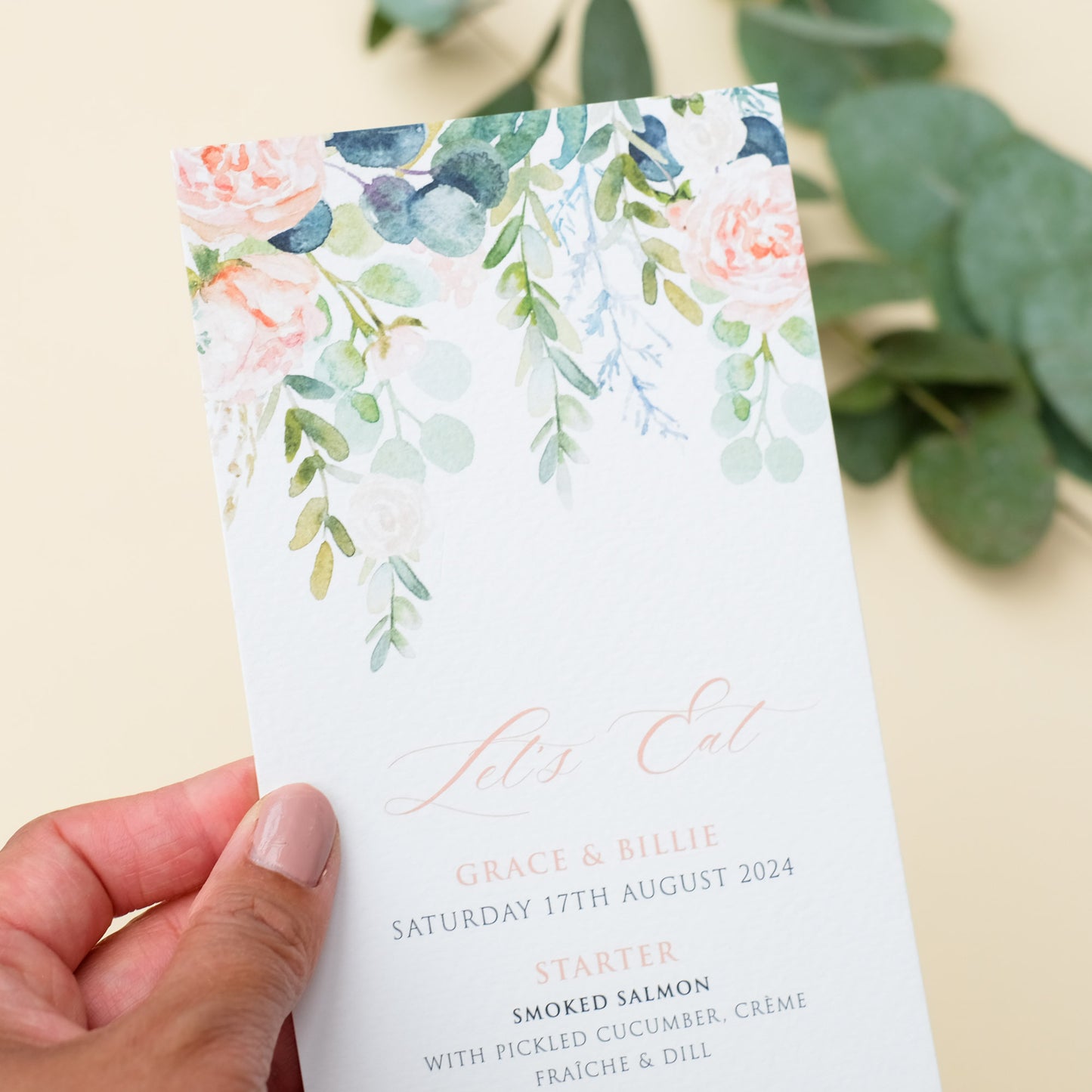 wedding menu with watercolour roses and eucalyptus