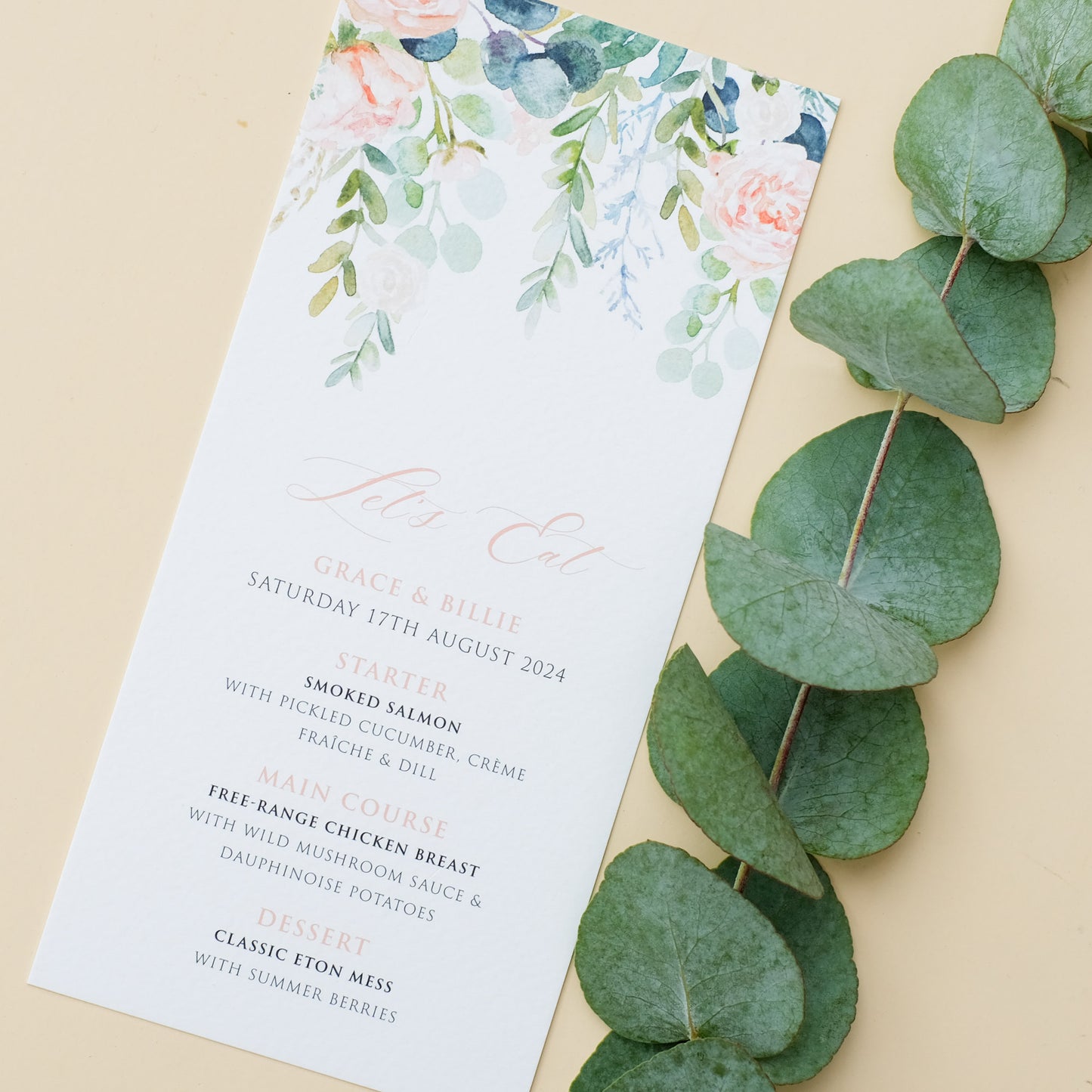 eucalyptus wedding menu with roses