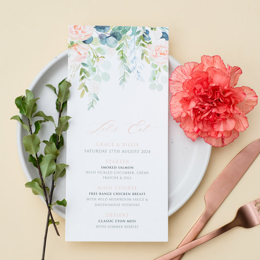 watercolour wedding menu with peach roses and green eucalyptus