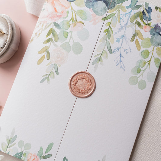 Rose and Eucalyptus folded wedding invitation