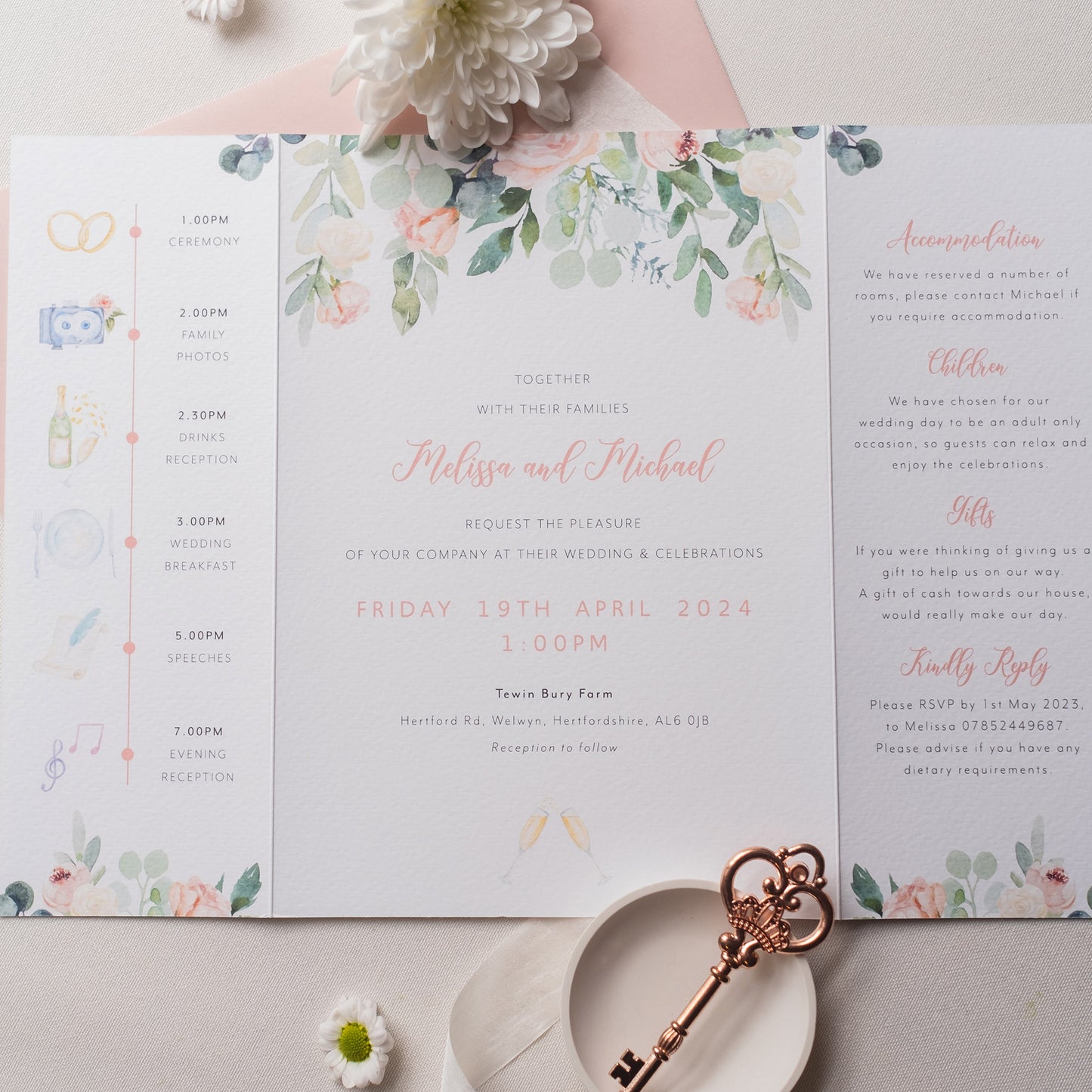 Rose and Eucalyptus Folded Wedding Invitation details on the inside
