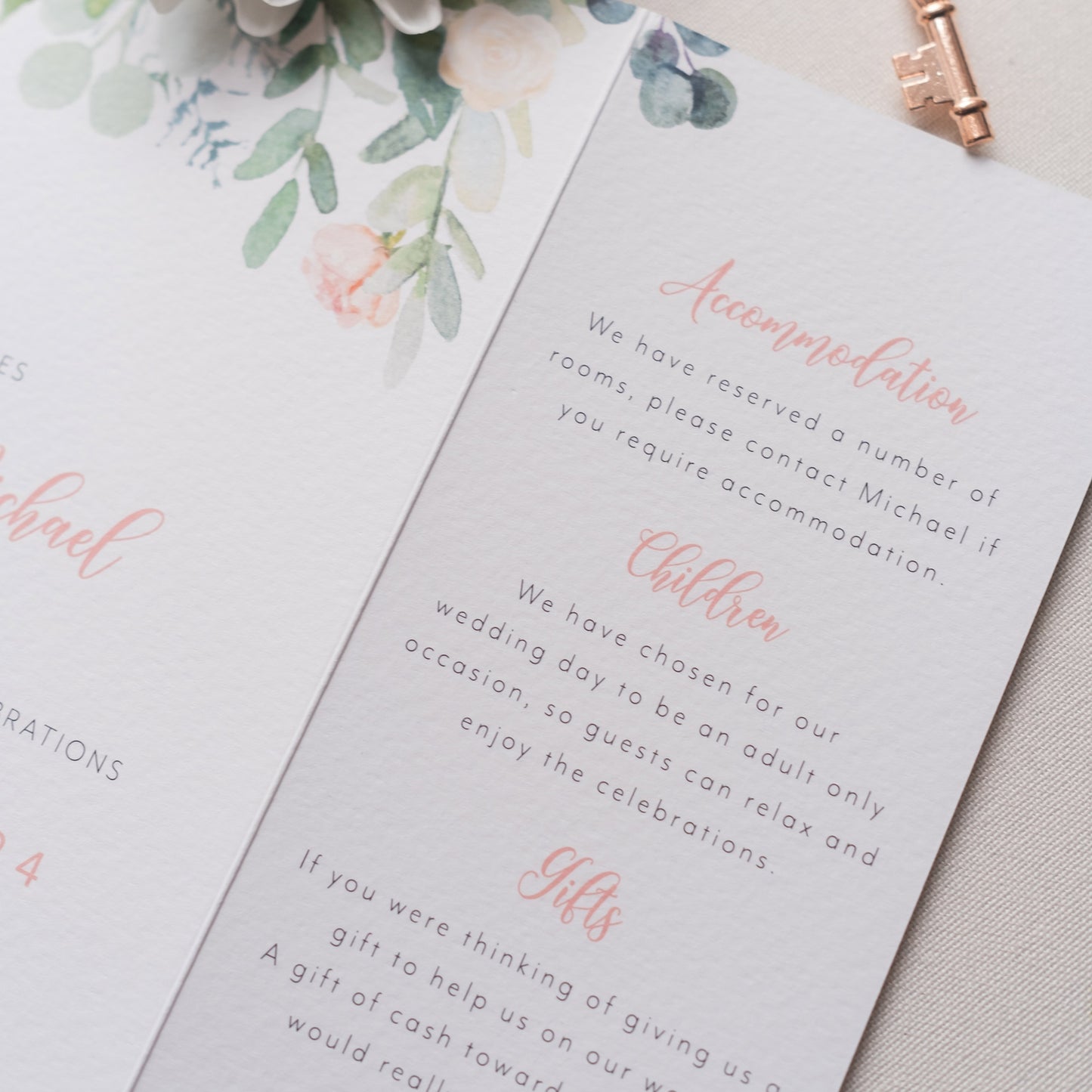 Rose and Eucalyptus folded wedding invitation inside details