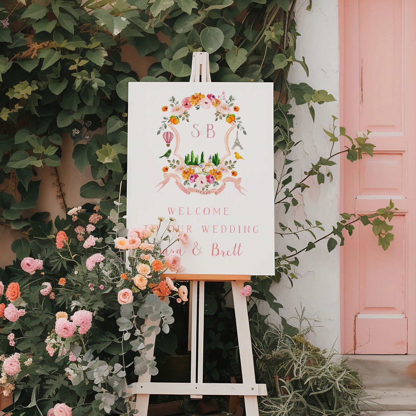 Wedding welcome sign with custom crest