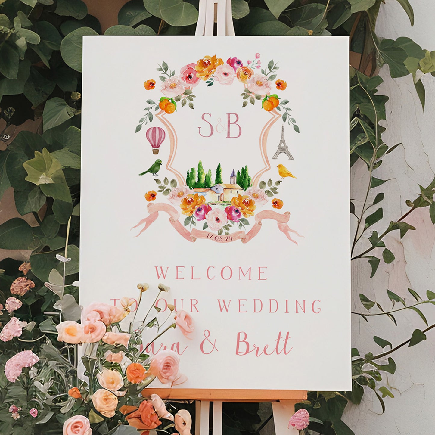 Wedding welcome sign with custom crest