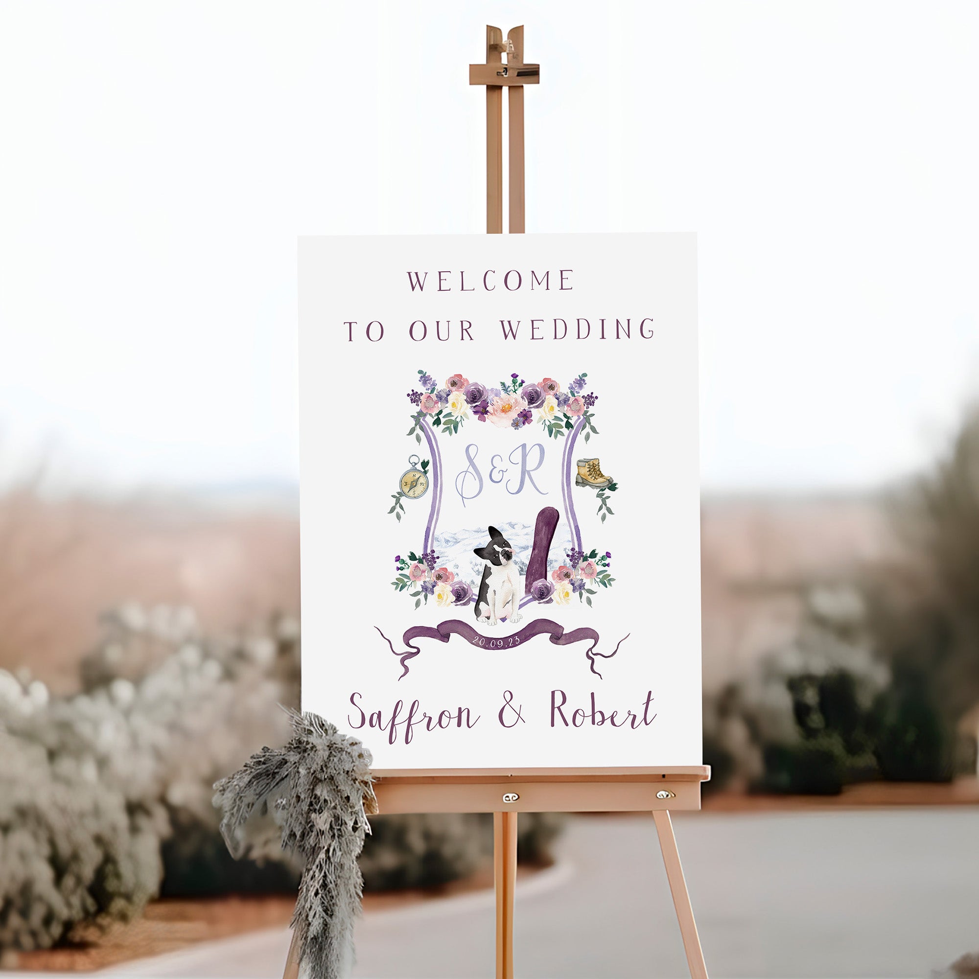 Wedding welcome sign with custom crest