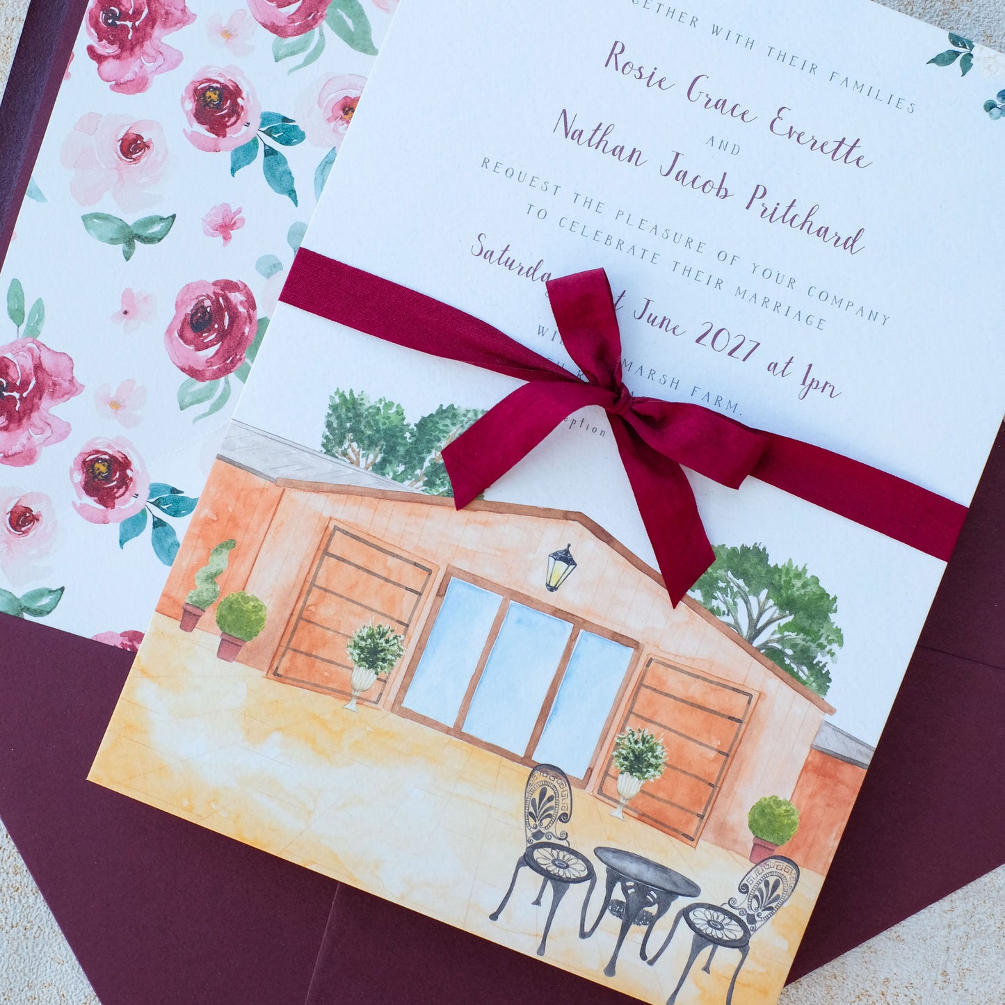 Custom barn wedding invitation with watercolour illustration of Will Marsh barn