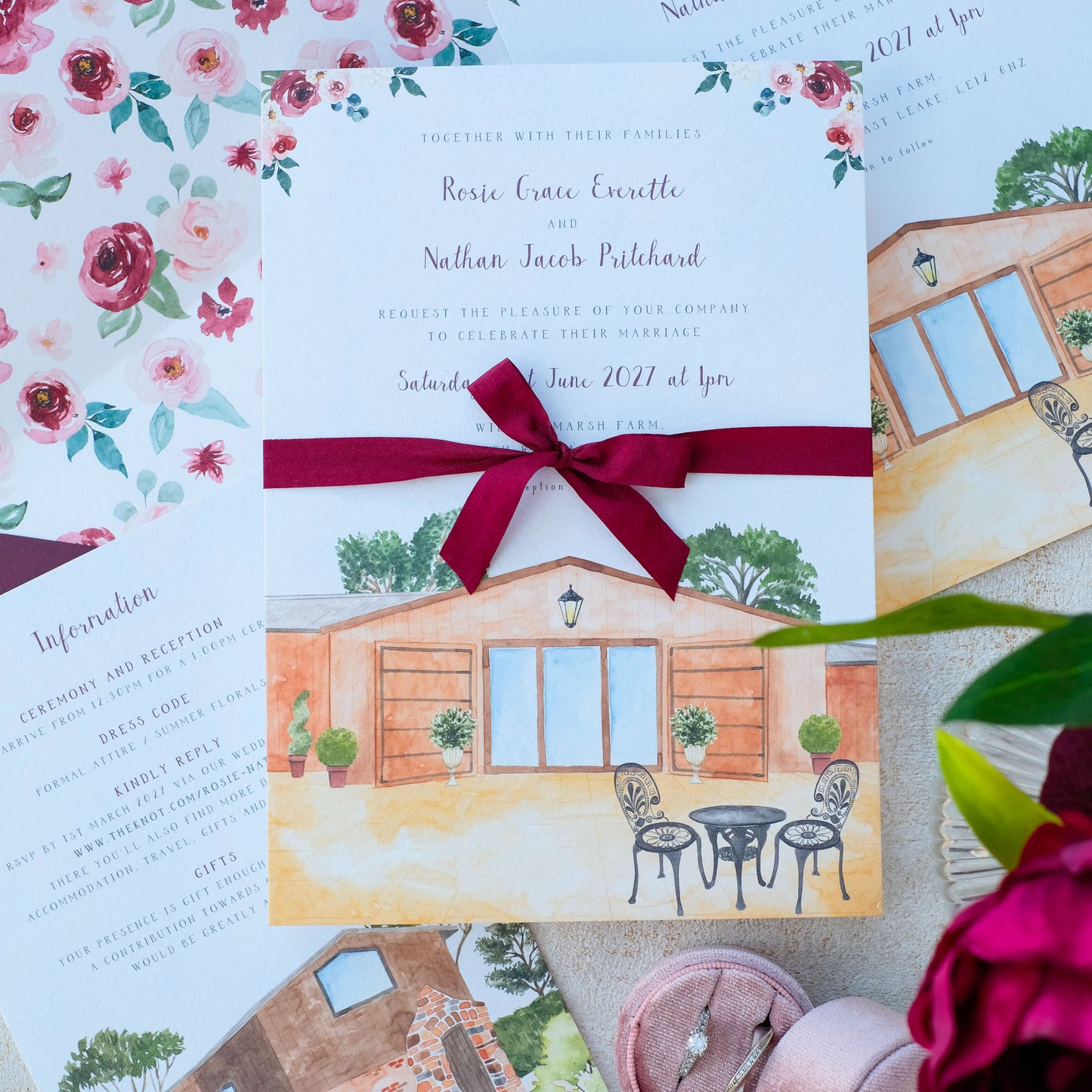 Custom barn wedding invitation with watercolour illustration of Will Marsh barn