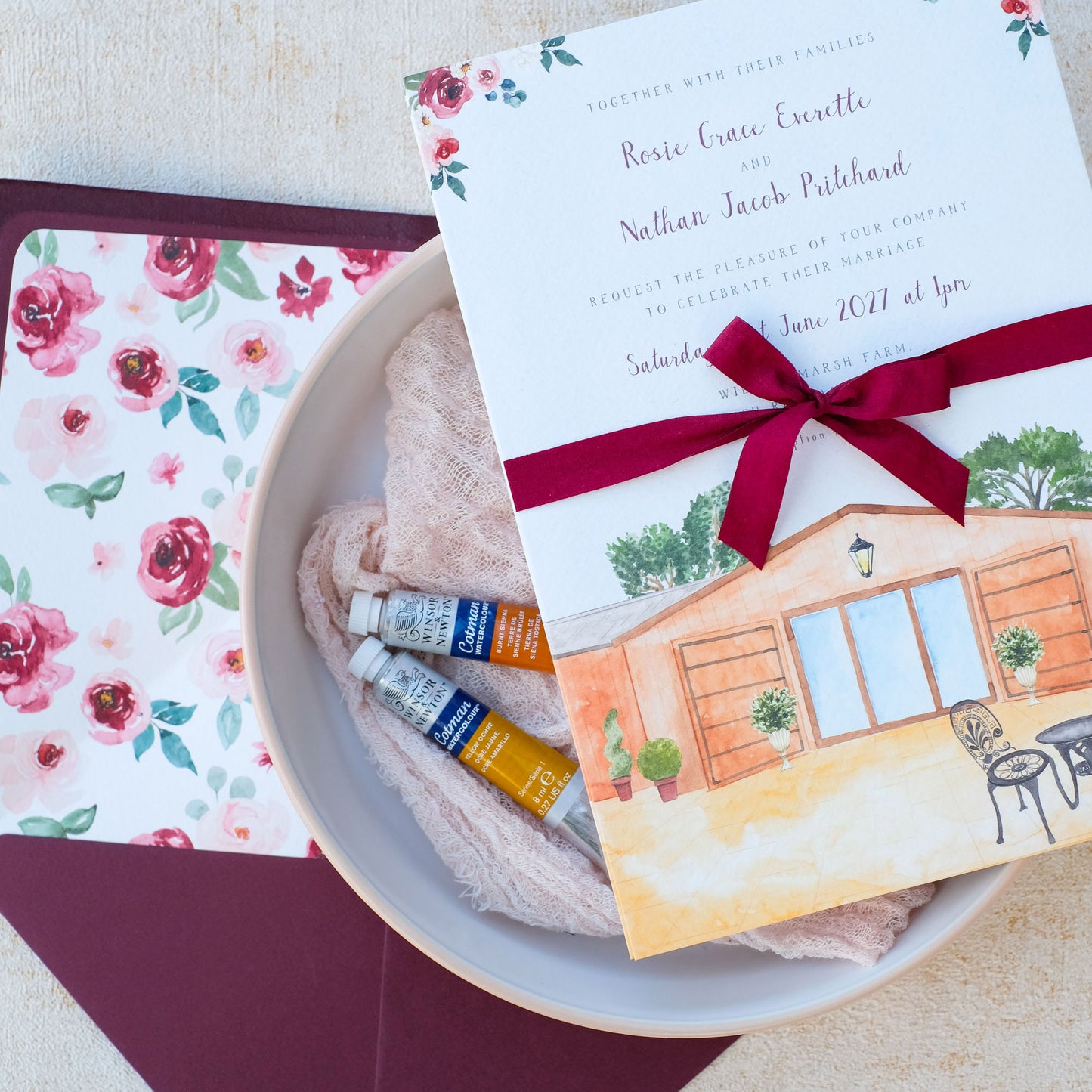 Custom barn wedding invitation with watercolour illustration of Will Marsh barn and printed envelope liner