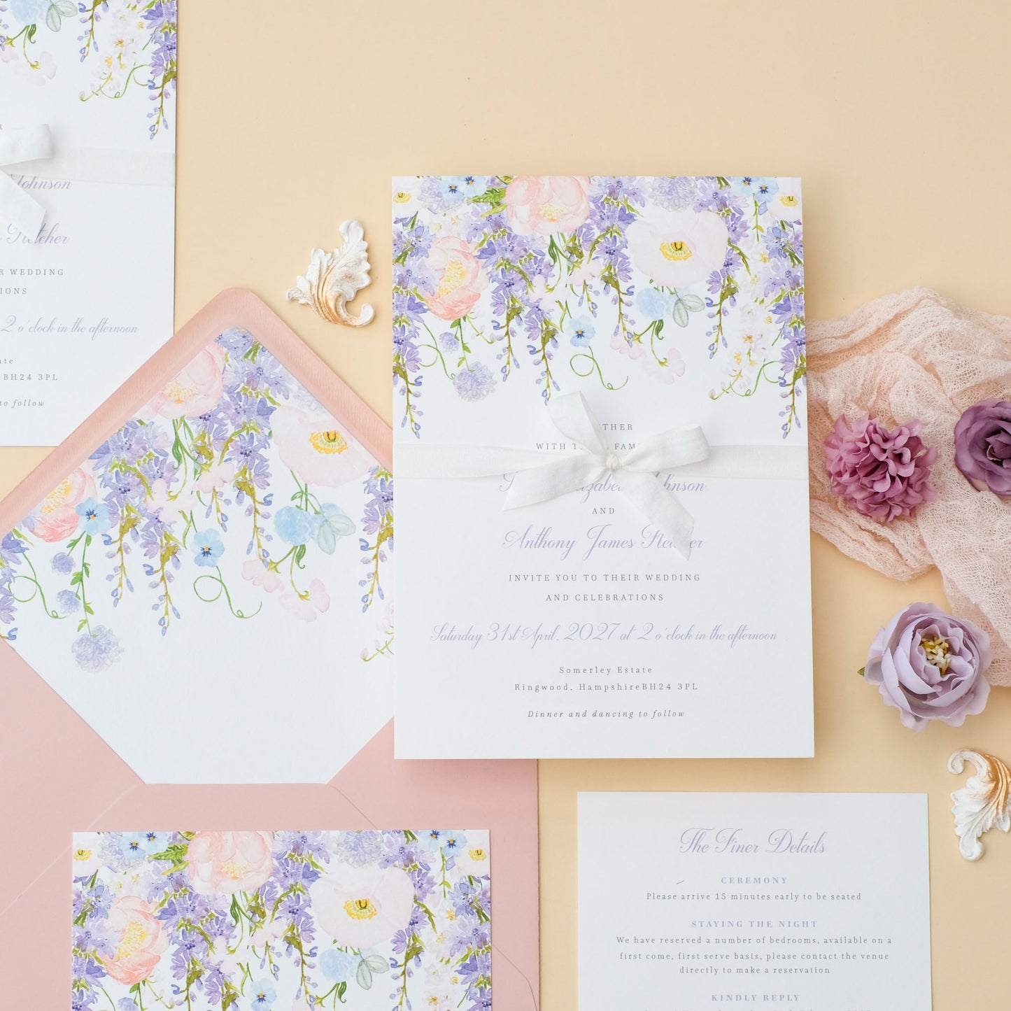 wisteria wedding invitations with ribbon