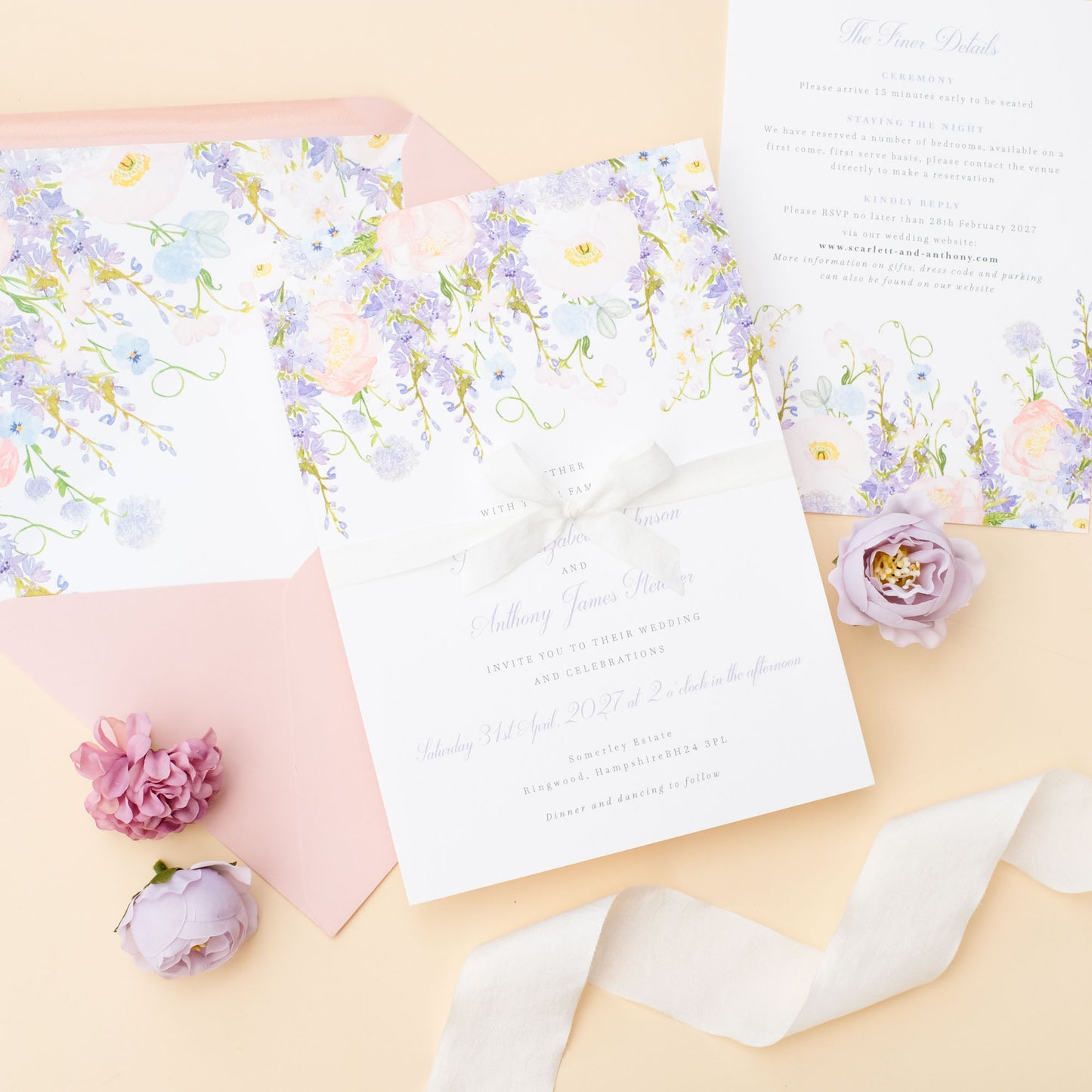 wisteria wedding invitations with ribbon