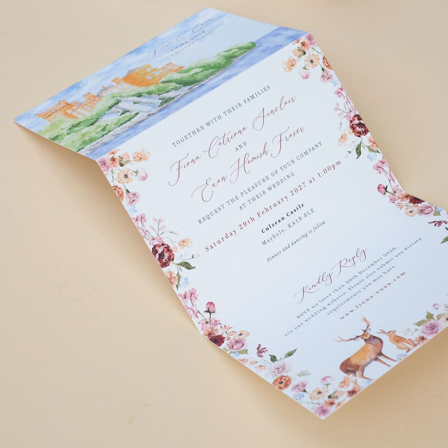 Z fold all in one wedding invitation with watercolour castle illustration, florals, RSVP and guest information