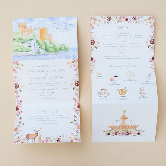 Z fold accordion castle wedding invitation with watercolour illustrations, guest information and RSVP