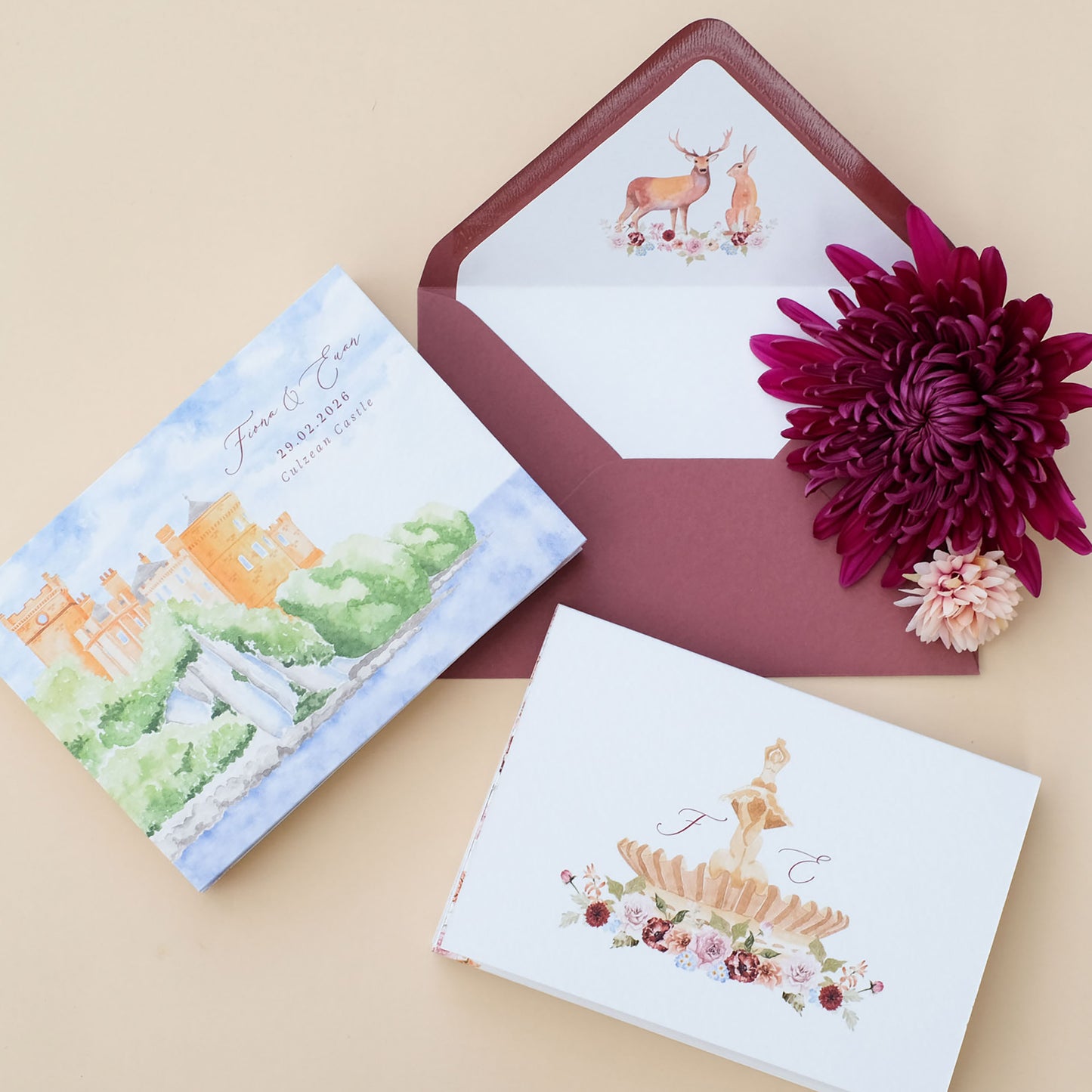 Watercolour illustrated wedding invitation of Culzean Castle in Z fold style with illustrated envelope liner