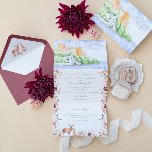 Culzean Castle wedding invitation with watercolour illustration and Z fold with guest information