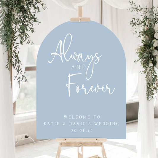 Blue arched wedding sign with quote