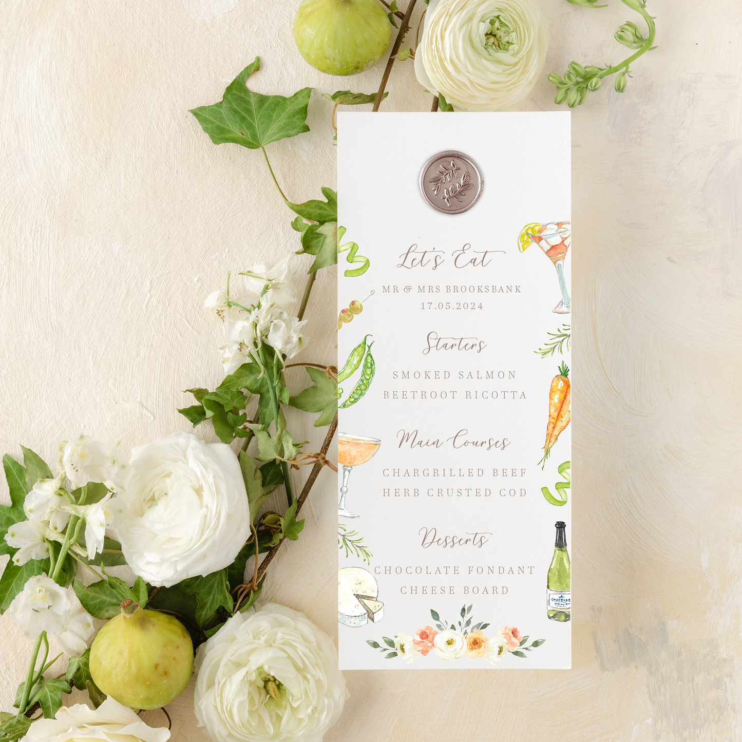 Illustrated Wax Seal Wedding Menus