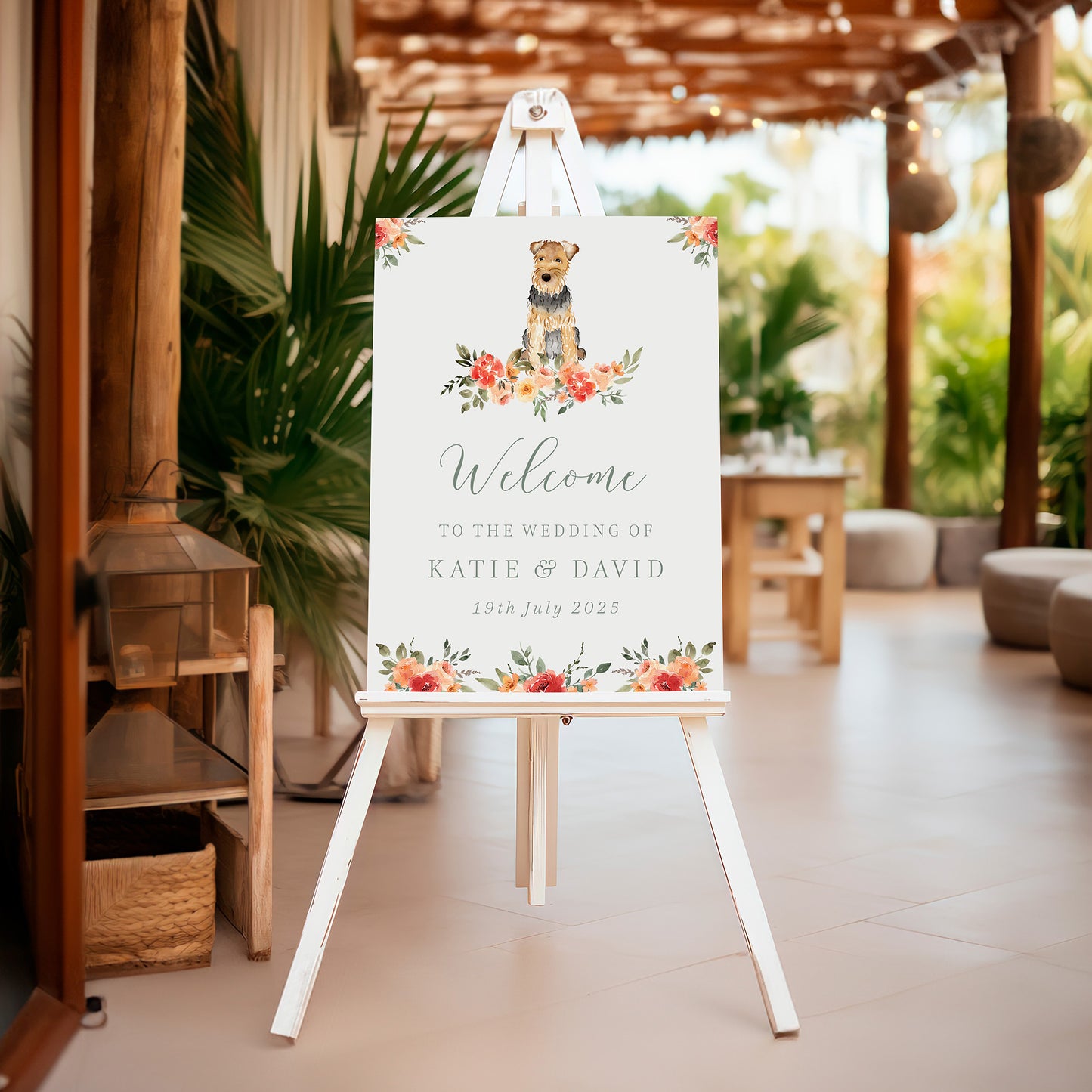Wedding welcome sign with one dog