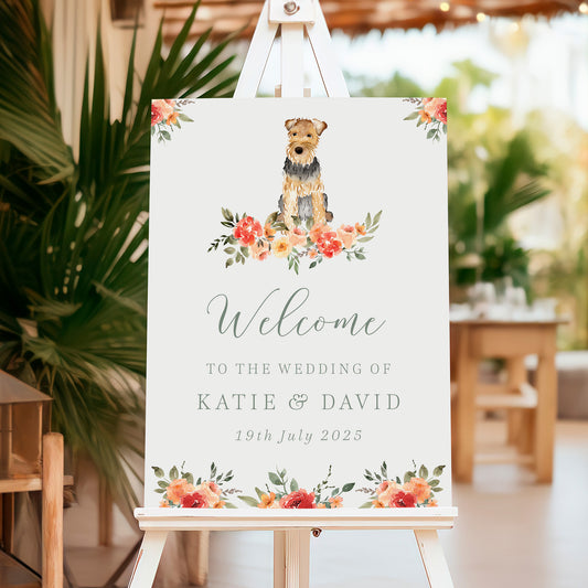 Wedding welcome sign with one dog