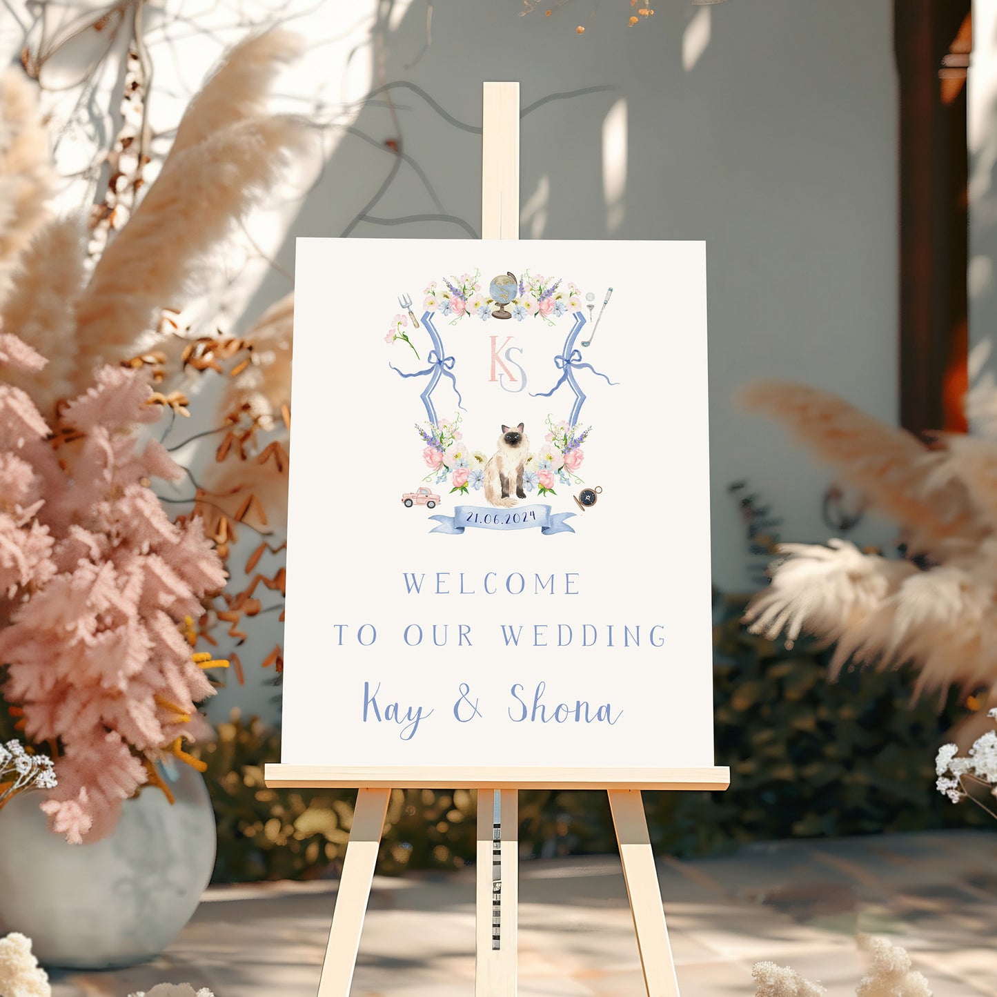 Wedding welcome sign with custom crest