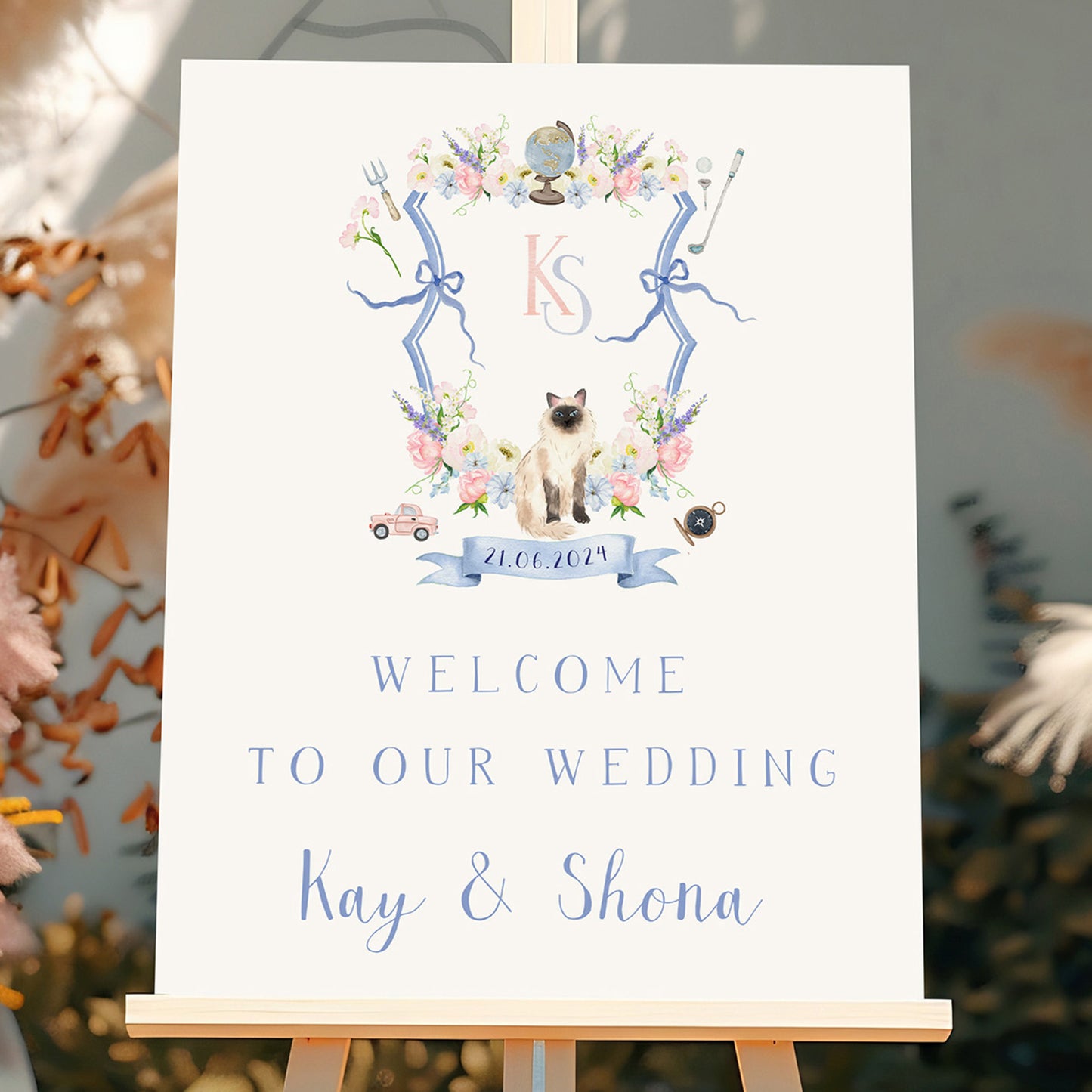 Wedding welcome sign with custom crest