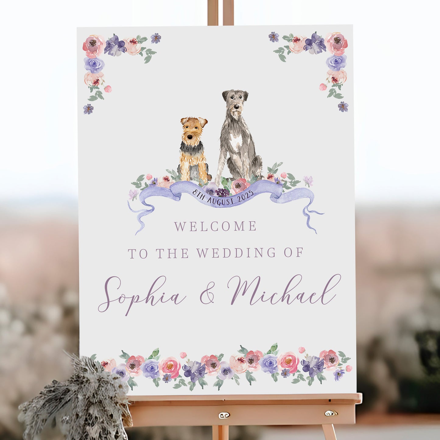 Wedding welcome sign with two dogs