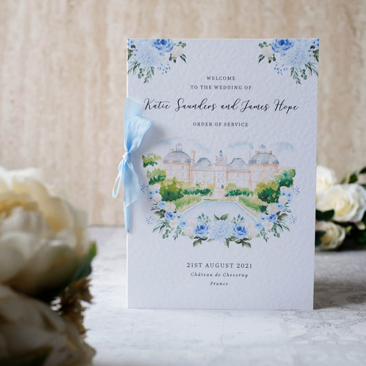 Dusty Blue Order Of Service Booklet With Watercolour Illustration