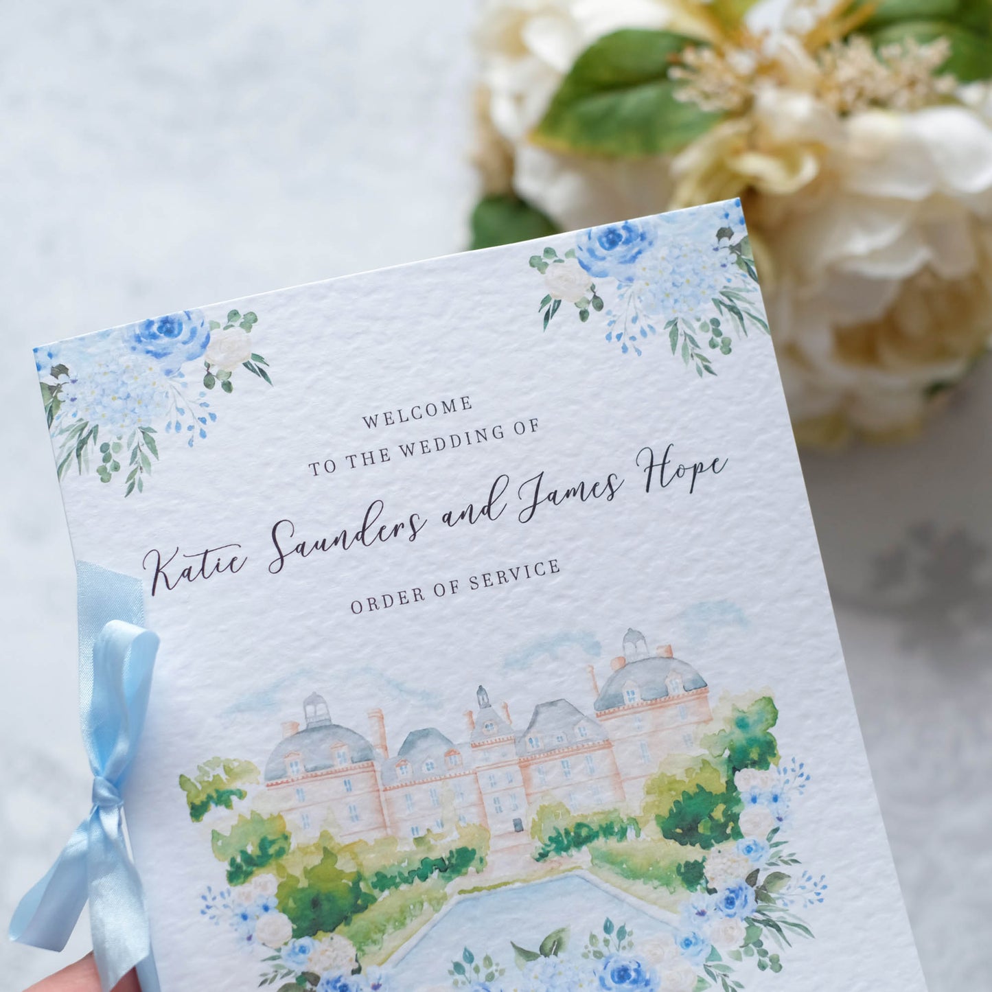 Dusty Blue Order Of Service Booklet With Watercolour Illustration