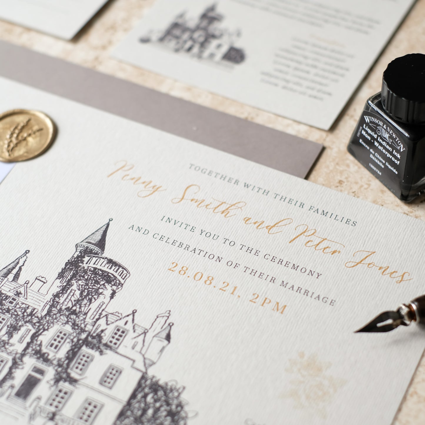 Invitation With Gold Wax Seal And Venue lllustration