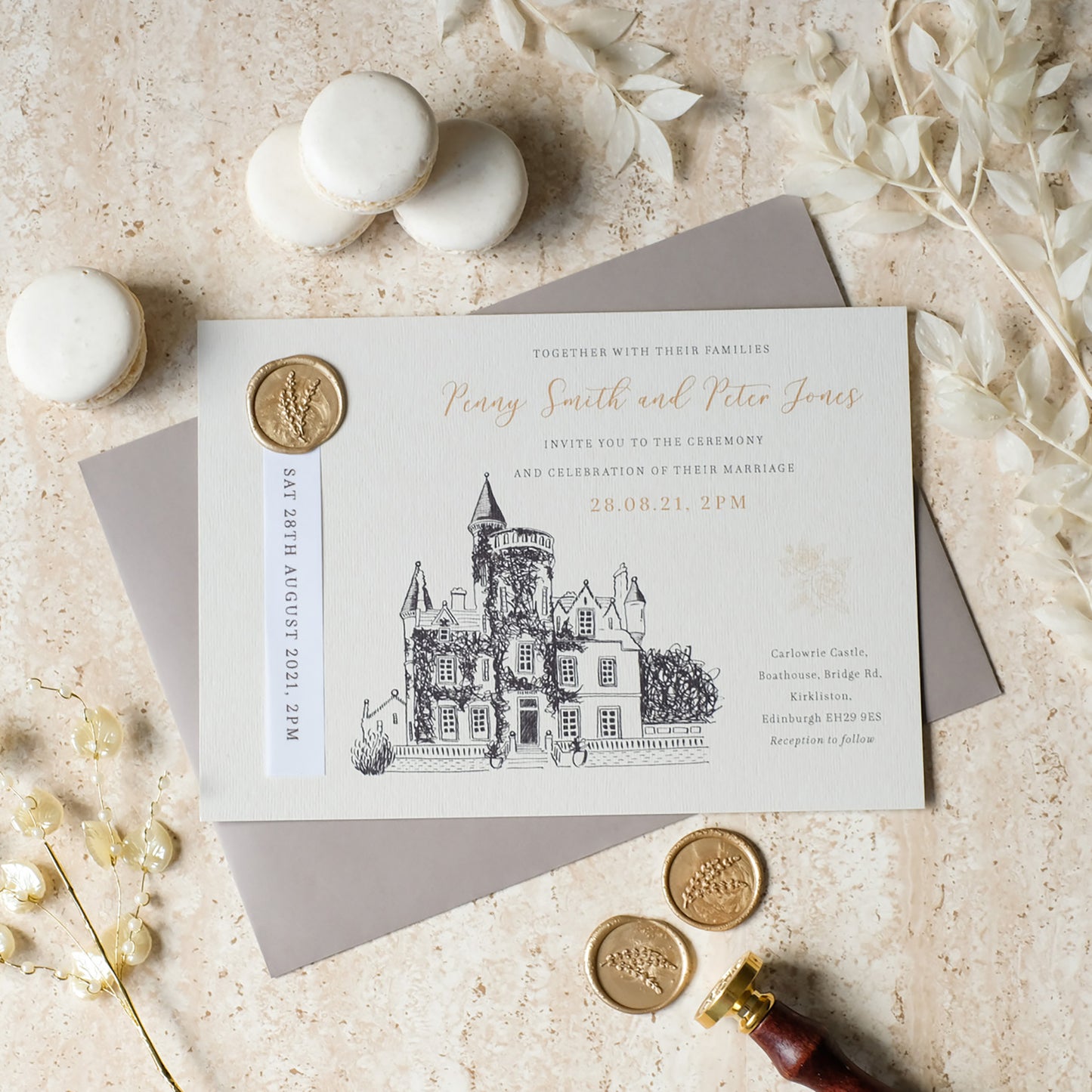 Invitation With Gold Wax Seal And Venue lllustration