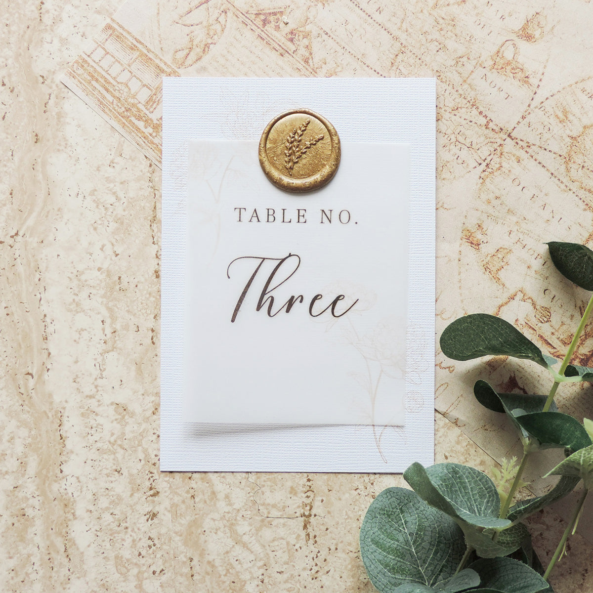 Table Number With Vellum And Gold Wax Seal
