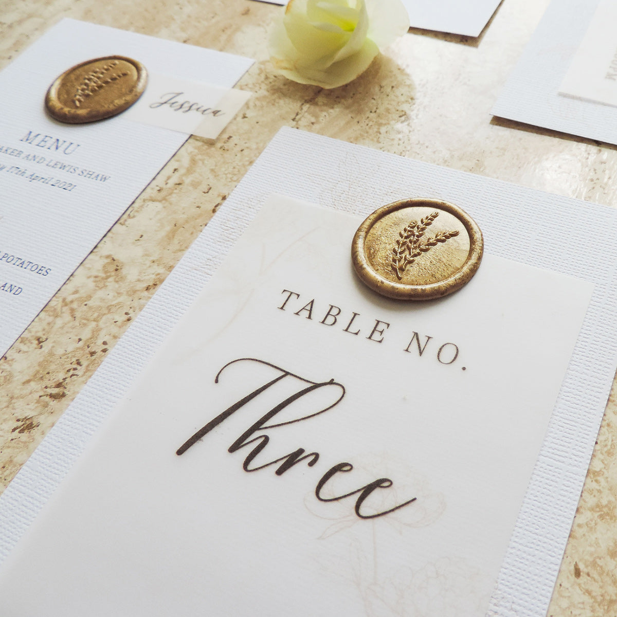 Table Number With Vellum And Gold Wax Seal