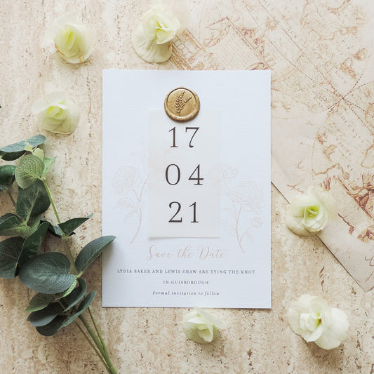 Save The Date With Vellum And Gold  Wax Seal