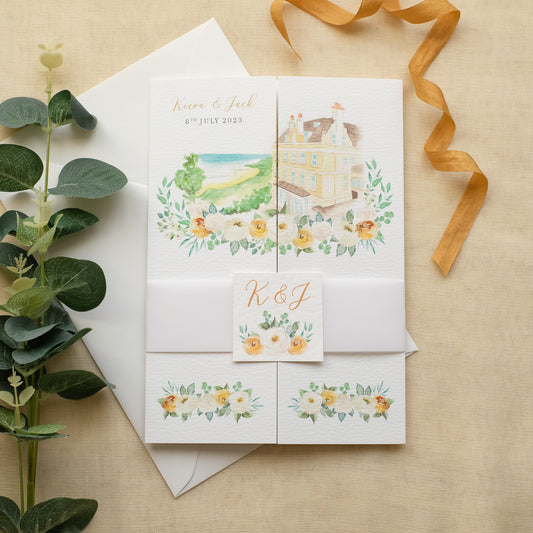 Folded wedding invitation with venue illustration 