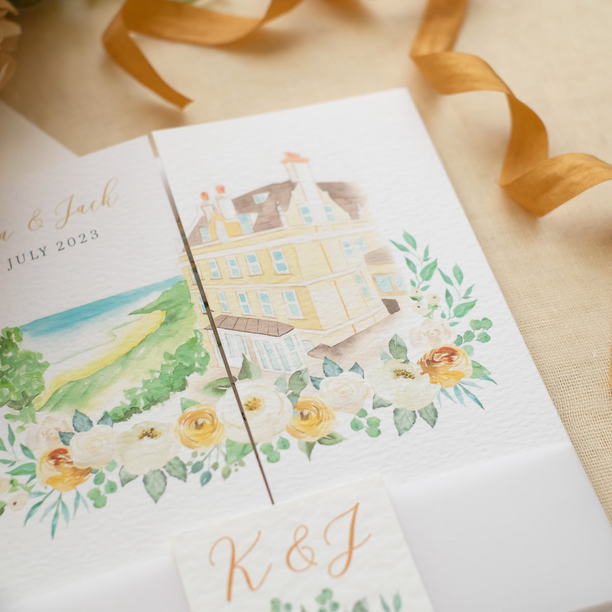 Close up Folded wedding invitation with venue illustration 