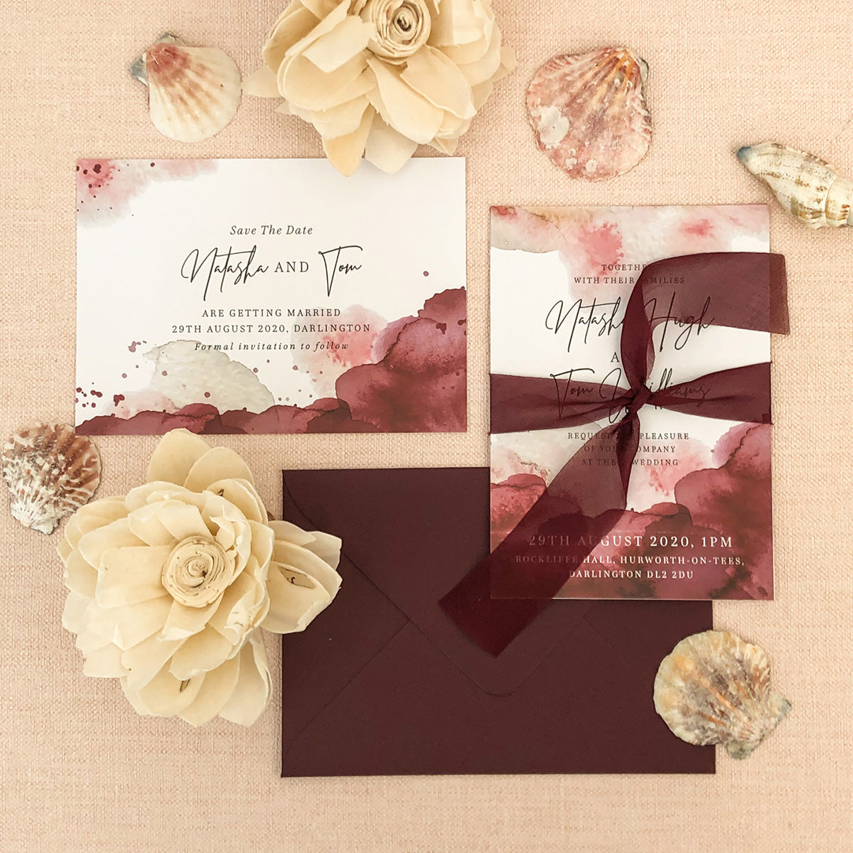 Maroon Watercolour Save The Date